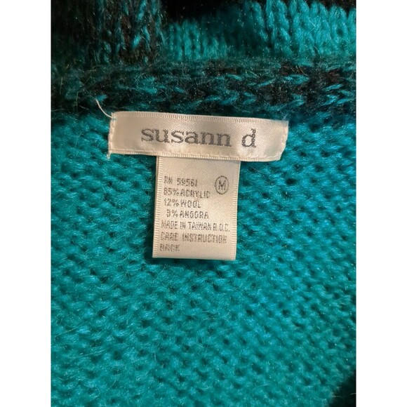 Vintage 80s Bold Geo V Neck Sweater M Tunic Sparkle Teal Acrylic Blend - Picture 5 of 5